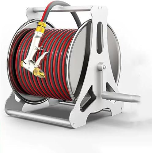 Stainless Steel Garden Hose Reel Cart with Spray Nozzle Wall Mounted/Portable Hose Holder for Outdoor Planting (50m)