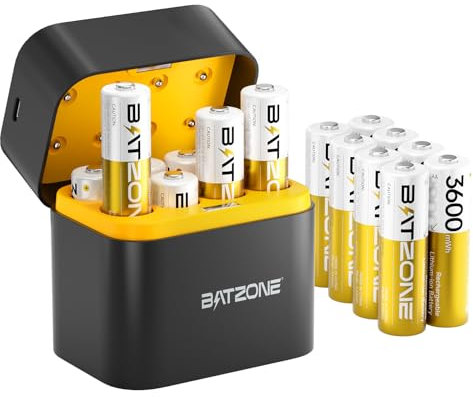 Zepath Lot de 16 piles au lithium AA rechargeables avec chargeur, 3600 mWh haute capacité 1,5 V, piles AA Li-ion rechargeables longue durée avec boîte de rangement intégrée