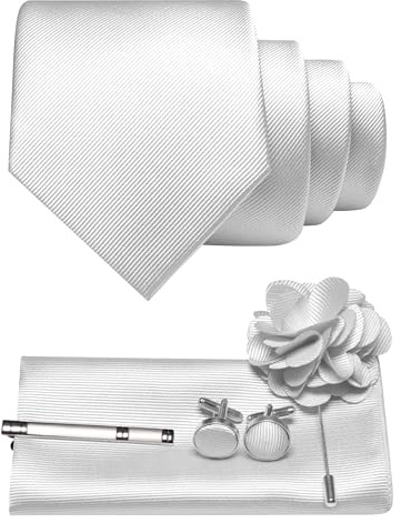 JEMYGINS Herren Krawatte aus Twill mit einfarbigem Design inklusive Pocket Square Manschettenknöpfen Krawattenklemme und Blütenbrosche Geschenkset für Partys Business Hochzeiten Weiß