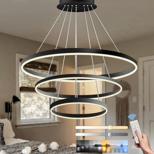 YYUTLUO Moderner DIY-Kreis-LED-Kronleuchter, 3 Schwarz Ring, ∅40+60+80cm=90W, H200cm Höhe Verstellbar, Metall+Acryl, Dimmbare Fernbedienung, Runde Hängelampe, Wohnzimmer Schlafzimmer Restaurant Büro