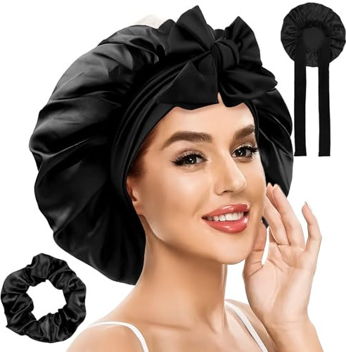 Dwafill Haar Schlafhaube, 2 Pack Haarhaube Seide mit Haargummi, Satin Haube zum Schlafen, Frauen Schlafhaube Haare SchüTzen, Haarhaube fur Die Nacht Geeignet fur Die TäGliche Pflege (Schwarz)
