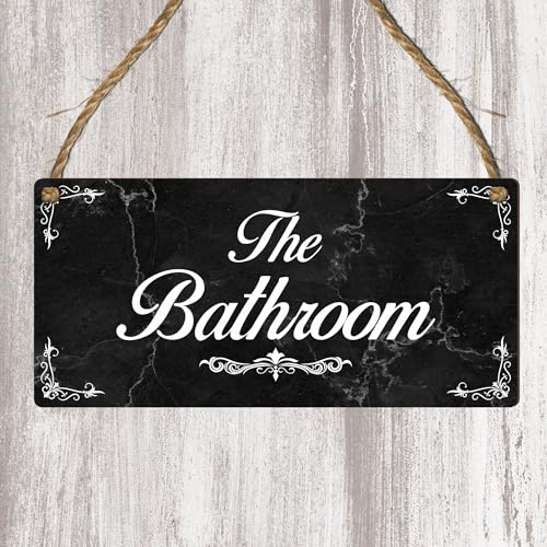 Elegant Bathroom Door Sign – Classic Hanging Toilet Plaque – Vintage Black Marble Effect Restroom Sign – Stylish Home, Guest Bathroom & Airbnb Wall Decor (Small: 19 cm (H) × 9 cm (W))