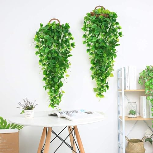 AQCQDQ Lot de 2 plantes artificielles suspendues - Feuilles d'eucalyptus - 100 cm - Couronne de lierre - Longue plante artificielle sans entretien - Pour jardin d'intérieur et d'extérieur