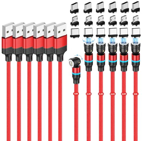 Magnetic Charging Cable (6 Pack, 0.5m+1m+1m+2m+2m+3m) 540° Rotation 3A Fast Charging Data Sync 3 in 1 Magnetic Phone Charger Cable with LED Light Compatible with Micro USB Type C Phone Device