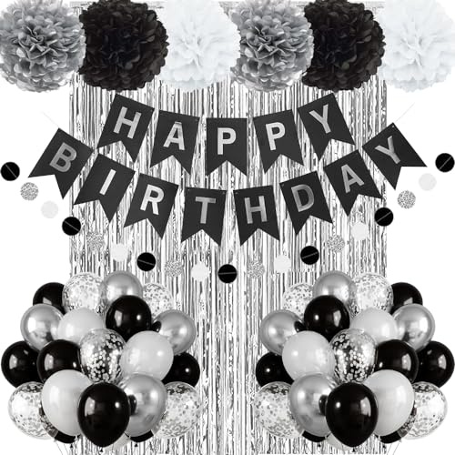 Geburtstagsdeko Schwarz Silber, Geburtstag Party Deko Schwarz Weiß Silber Luftballons, Happy Birthday Banner, Vorhänge, Pompons für Männer Frauen 18-60.Geburtstag Party Dekoration