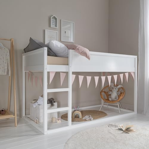 Nöa & Nani Lykke 2-in-1 Reversible Kids Bed, Classic White - Pine Wooden, Convertible Low to Mid Sleeper Cabin Bed with Straight Ladder - Smart & Space-Saver Single Bunk Beds for Kids Bedrooms