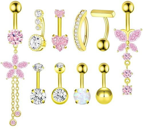 FloralGrace 10 stycken guld silver navel ring navelringar för kvinnor navelpiercing kirurgiskt stål hängande blomma rosa hjärta opal navel bukpiercing smycken