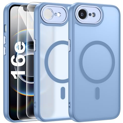 FLLAO Magnétique Coque pour iPhone 16e avec 2 Verre Trempé, Compatible avec MagSafe, Protection d'objectif Tout Compris, Etui Mat Arrière Housse Fine Antichoc Case iPhone 16e 6.1, Bleu