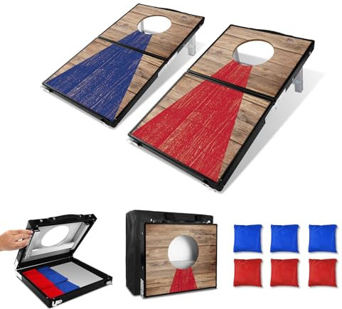JUOIFIP Langlebiges Aluminium Cornhole Spiel Outdoor Cornhole Säckchen mit 6 Bohnensäcke & Tragetasche für Hinterhof, Rasen, Strand 2-in-1 Camping Outdoor Spiel Set Kollabieren