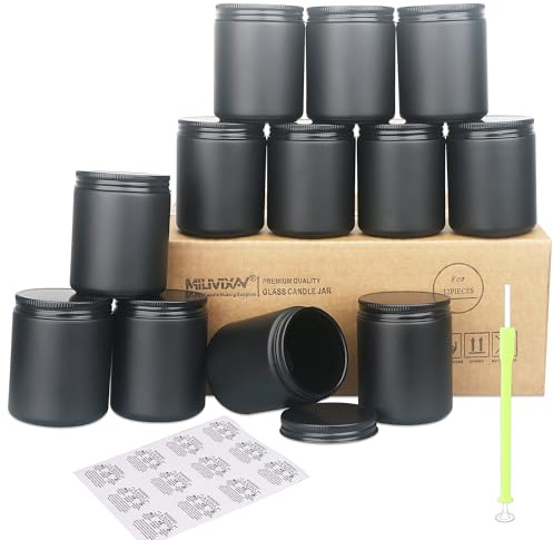 MILIVIXAY 12 Stück 237 ml dickes Glas mattschwarze Kerzengläser mit komplett schwarzen Metalldeckeln, leere Kerzengläser für die Herstellung von Kerzen, Einmachglas für Gewürze, Flüssigkeiten, Proben