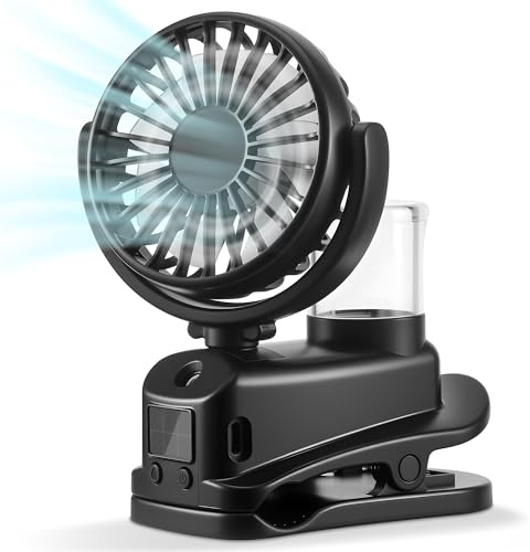 Ventilador usb Silencioso Pinza con Pantalla LED, Ventiladors Sobremesao con Spray de Agua, 4 Velocidade Ventilador Recargable, Ventilador pinza para Dormitorio Oficina Coche Camping Cochecito (Negro)