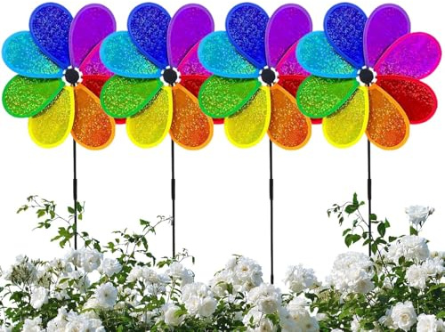 Rrlihjgu Wind Spinner - Reflective Garden Windmill,Set of 4 Colorful Sparkling Lawn Pinwheel, Flower Shape Windmill for Courtyard Outdoor