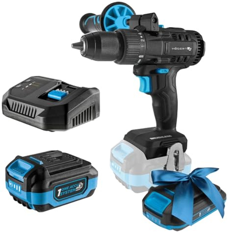 HÖGERT TECHNIK 18 V, borstlös sladdlös borrsats, 80 Nm vridmoment, 4,0 Ah batteri, 4 A-laddare, LED-belysning, metallväxel, för trä och metall + PROMO batteri 2,0 Ah