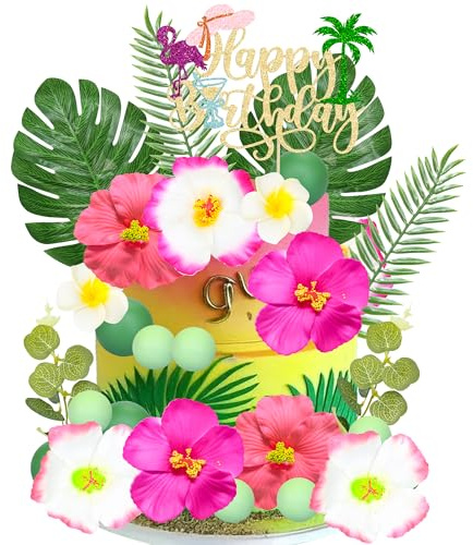 Ephlyn 27 Pack Hawaiian Flower Cake Toppers Summer Birthday Foam Ball Cake Decoration Palm Leaves and Hibiscus Flower for Hawaiian Aloha Flamingo Themed Party Supplies Pink