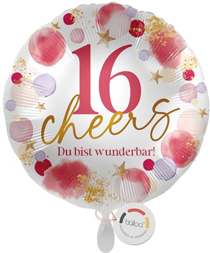balloa Folienballon 16 Cheers Du bist wunderbar, runder Helium Ballon zum sechzehnten Geburtstag für Mädchen oder Frauen, Geburtstagsdeko und Geschenk, befüllbar mit Helium oder Luft, 33cm
