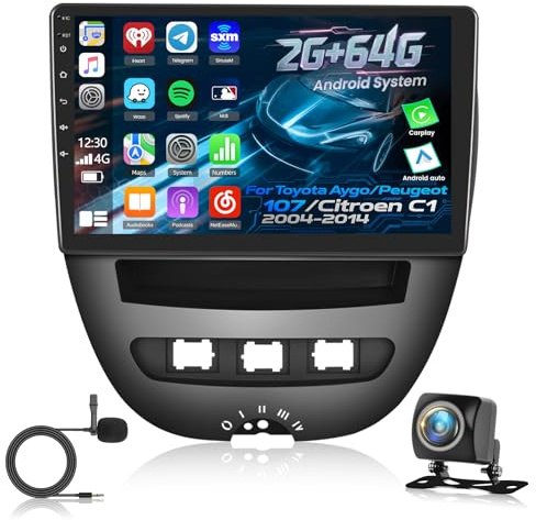 [2GB+64GB] Android Car Radio for Toyota Aygo/Peugeot 107/Citroen C1 2004-2014 with Wireless Carplay and Android Auto, 10.1 inch HD Touch Screen Car Stereo with GPS/WiFi/Bluetooth/EQ/FM RDS
