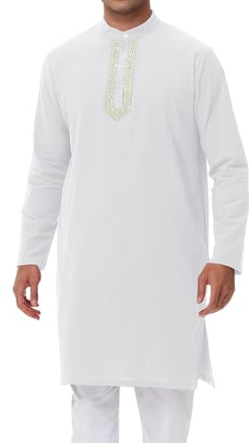 NANAMEEI kurta Uomo in Cotone e Lino Manica Lunga Tradizionale Tunica Indiana per Meditazione e Yoga, bianco, XL