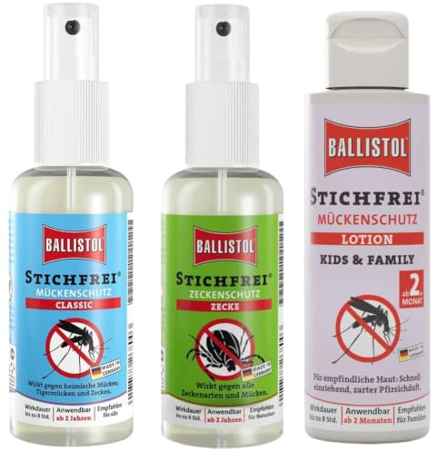 BALLISTOL Stichfrei 3er Set – Classic, Zeckenschutz & Kids Lotion | Mückenschutz & Zeckenspray für Kinder ab 2 Monaten und Erwachsene | Insektenschutz für Urlaub, Camping, Wandern & Outdoor