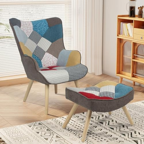 mymai Ohrensessel mit Hocker Skandinavischer Sessel mit Hocker Sessel Wohnzimmer Relaxsessel Schlafzimmer Lesesessel Loungesessel, Stoffbezug Patchwork, Mehrfarbig