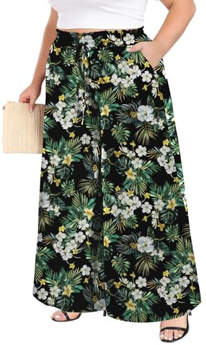 Moon Wood Pantalones Anchos Mujer Verano Talla Grande Pantalon Palazzo Mujer Comodos Cintura Alta Elástico Pantalon Casuales con Bolsillos Estampado 08 5XL