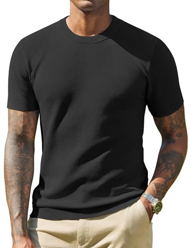 COOFANDY Camiseta de Punto para Hombre Manga Corta Básica de Verano Cuello Redondo Negro M
