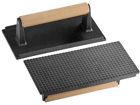 Notana Cast Iron Steak Weight Press for Griddle, Grill and Pan Cooking - Heavy Cast Iron Grill Press with Wooden Handle - Steak Press Weight for Even Searing of Meat, Burgers and Bacon 8 x 4