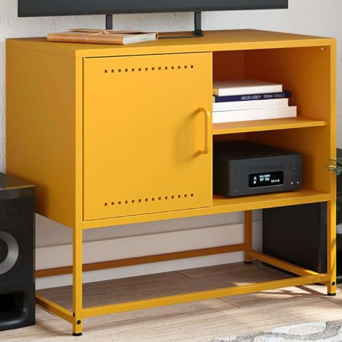 Yunovire Senfgelber TV-Schrank, 68x39x60,5 cm, Stahl, Industrial Design, modernes Medien-Aufbewahrungsmöbel für Wohnzimmer, Schlafzimmer, robuste TV-Konsole