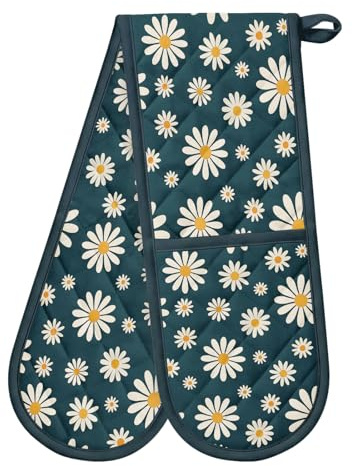 Daisy Oven Mitts Heat Resistant Grey Double Oven Gloves with Loop Non-Slip Cute Daisy Design Cotton Gloves Extra Long for Kitchen Cooking Baking Barbecue Grilling