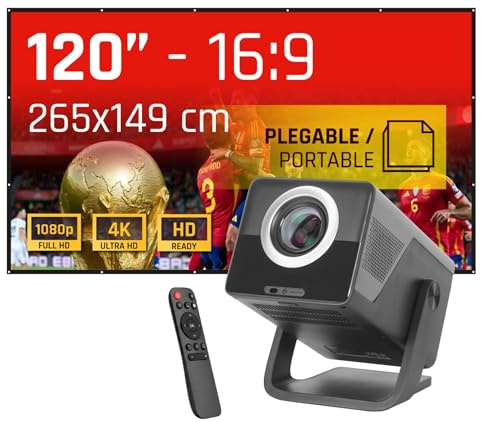 iggual - Pack Proyector Portátil Full HD 1080p, (Android 14, WiFi, Bluetooth, HDMI) + Pantalla Proyección 120 Pulgadas, (Tela Plegable, Antiarrugas), Usos: Cine en Casa, Streaming, Gaming.