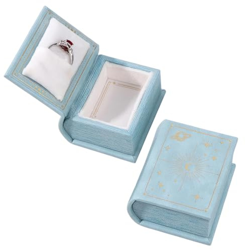 CALFOVERA Vintage magisk bokformad ringlåda förvaring PU-läder ringfodral hållare förslag förlovning bröllop smycken display behållare med gångjärn lock för present 6,75 x 5,55 x 3,4 cm himmelsblå