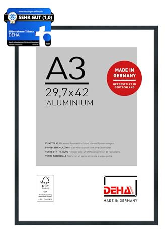 DEHA Design Tribeca Aluminium Picture Frame - A3 (29.7x42 cm) – Brushed Black - with Synthetic Glass and Push/Turn Clips