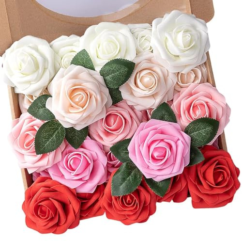 N&T NIETING Artificial Flowers 25pcs Real Looking Artificial Roses with Stems for Valentine's Day Mother's Day Wedding Bridal Bouquet Party Baby Shower Cake Decoration, Series Red