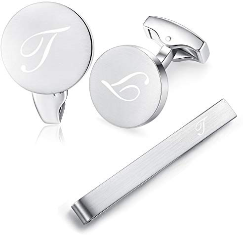 HONEY BEAR Manschettenknöpfe Krawattennadel Set Initialen Buchstabe Herren Edelstahl Hochzeit Cufflinks Manschettenknopf Silber (T Set)