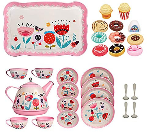 KoolBitz Tea Party Set For Toddlers, Tin Tea Set Pretend Play Kitchen Party Set for Children With Teapot & Dishwasher & Safe Cups Dessert Cupcake Muffins Donuts For Kids Ideal Role Play Gift Age 3+