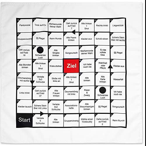Trinkspiel Spielfeld, 54 x unterschiedliche Spielfelder, 70 x 70 cm Tischdecke gedruckt, deutsche Version, Saufspiel zum Vorglühen, Kater vorprogrammiert, Brettspiel Erwachsene, lustiges Partyspiel