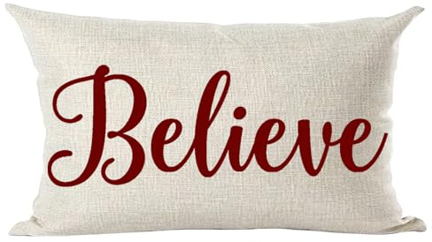 Ramirar Happy New Year Merry Christmas Claret Wine Red Word Believe Inspirational Decorative Lumbar Throw Pillow Cover Case Home Living Room Bed Sofa Car Cotton Linen Rectangular 12 x 20 Inches