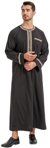 Kaftan Herren – Islamische Gebetskleidung mit Front-Reißverschluss, Goldstickerei am Kragen und Ärmeln, 3 Taschen, Langarm für Ramadan & Salah, Arabische Kleidung Herren, Schwarz, Größen M bis 3XL