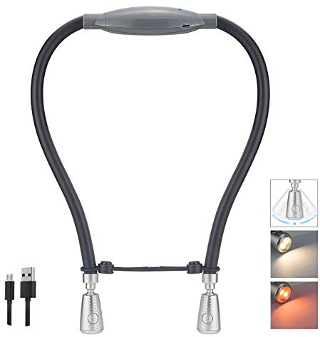 BIGLIGHT LED Hals Leselampe, Buch Licht zum Lesen im Bett, Umhängelampe mit Biegbare Arme,Wiederaufladbares Bernsteinlicht zum Lesen,Handarbeitslampe,Stricklicht mit einstellbarer Helligkeit(Silber)