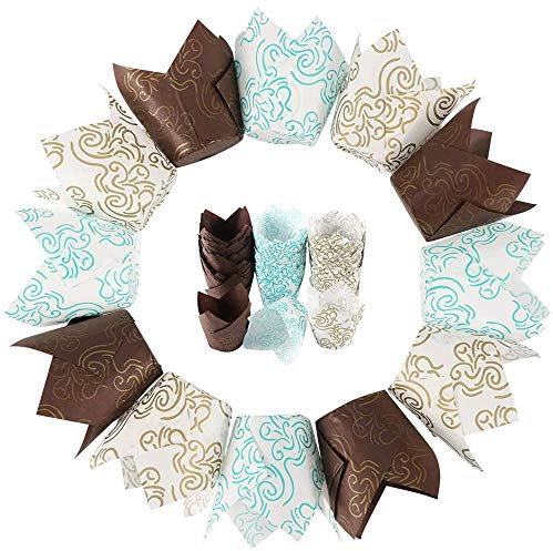 150 Stücke Cupcake Backpapier für Cupcakes Muffins, Tulpen Muffinförmchen Papier, Tulpe Muffin Fälle, mit Wolken Muster, für Haus und Party Wrapping Kuchen（Blau, Gold, Kaffee）