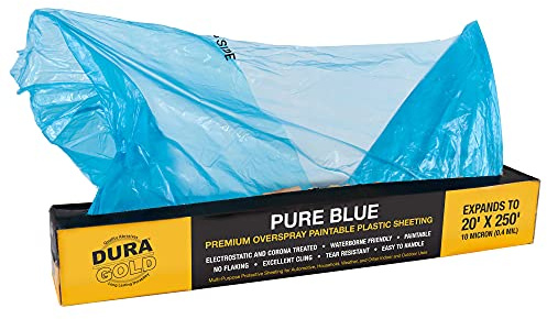 Dura-Gold 20' x 250' Pure Blue Protective Masking Film Cover - Overspray Paintable Sheeting Roll, Painters Plastic (10 Micron, .4 Mil) - Plastic Painting Protection for Auto & Household Paint Covering