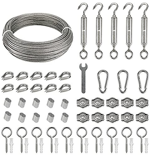 Drahtseil Edelstahl Set 60pcs, 35m/2mm Stahlseil für Rankhilfe mit M5 Spannschloss Seilspanner, Ösenschraube/Ringschraube Augen Schraubösen, Seilkauschen, Alu Seilklemmen, Drahtseilklemmen