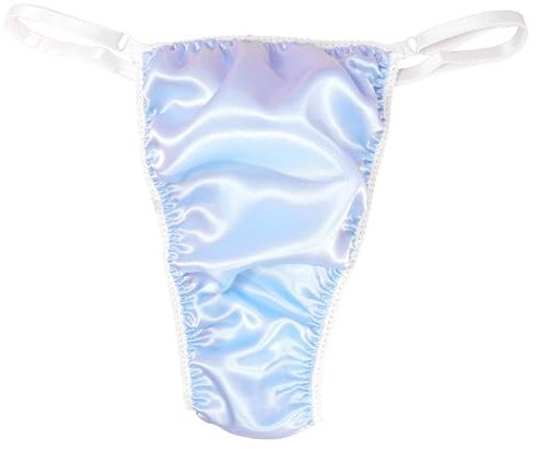 Ania's Poison Sissy Thong Panties Baby Blue Satin Shiny Triangle T-thong Adjustable Men's Thong Panties White Trim