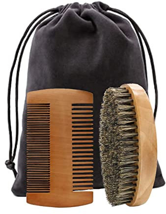 Wooden Boar Bristle Beard Brush & Anti Static Moustache Comb Set - Portable, Removes Debris, Massages Face