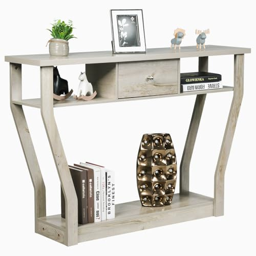 COSTWAY Mesa Consola Mesa de Salón con Cajón y Estantes Escritorio para Entrada Sala de Estar Dormitorio Oficina (Gris)