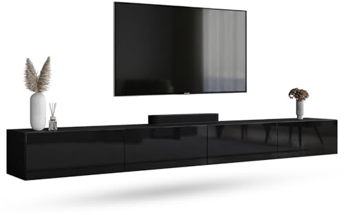 Planetmöbel West TV-Schrank, Fernsehtisch 280 cm lang, TV-Board | für Fernseher bis 65 Zoll, TV Board viel Stauraum, lowboard hängend, 2x Fernsehschrank 140 x 30 x 37,5 cm, schwarz