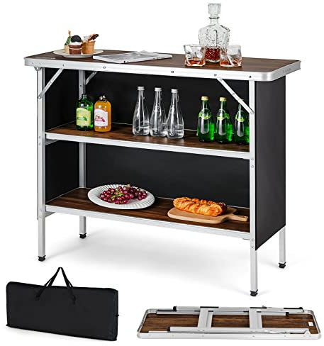 COSTWAY Folding Picnic Table, Portable Camping Table with Carry Bag, Lightweight Aluminum Food Prep Station with 2 Shelves, Quick Set-up, BBQ, Party, Backyard