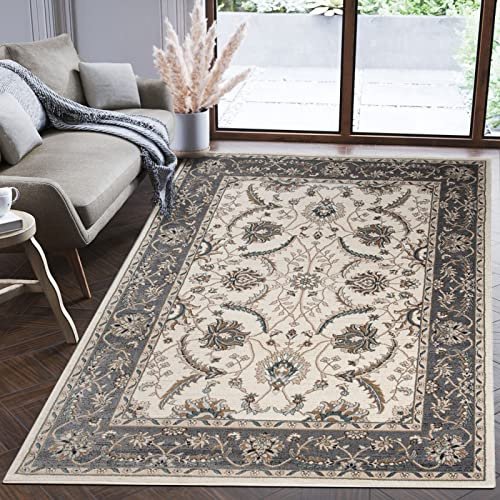Mazovia Groß Teppich Flur 200x300cm Creme Anthrazit Klassisch Weich Elegant | Teppich für Eingangsbereich Küche Büro Wohnzimmer Schlafzimmer Beige Pflegeleicht Fußbodenheizungsgeeignet Kurzflor Stilvoll