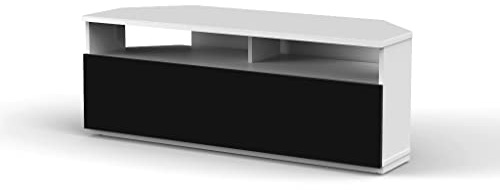 RO&CO Sonorous TRD100-WBK | Meuble TV d’Angle Blanc 100 cm | Porte Abattante Noire | Design Moderne pour Salon | Rangement Caché | Supporte Jusqu’à 40 kg.