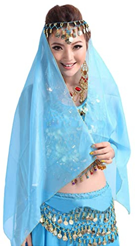 Hotfiary Chiffon Bauchtanz Kopftuch für Frauen mit Münzen Retro Kopfbedeckung Schal Kopfschmuck Bauchtanz Kostümzubehör