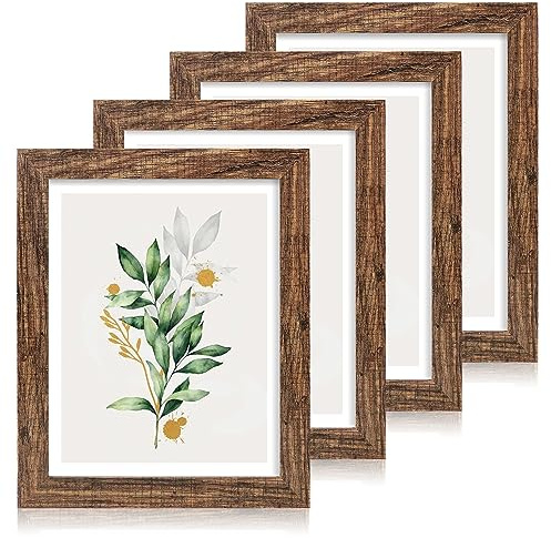 Hongkee 11x14 Picture Frame Set of 4, Made of Glass and Rustic Brown Wooden Frame, Display 8x10 Pictures with Mat or 11 x 14 Posters without Mat for Wall Mounting, Gallery Photo Frames